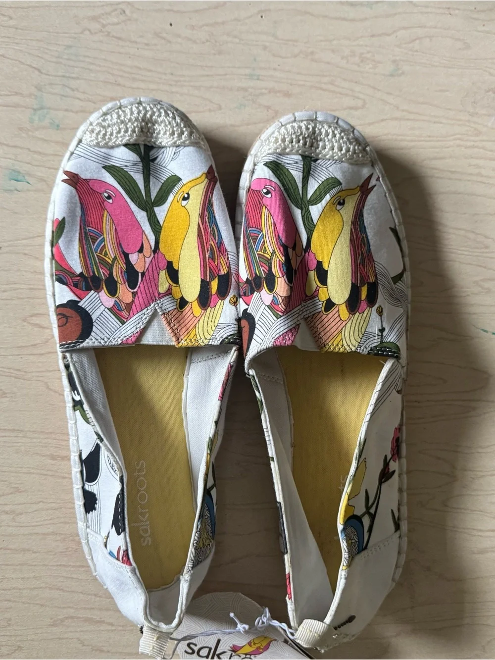 Sakroots Women's White Canvas Espadrilles with Yellow & Pink Bird Print - Picture 1 of 4